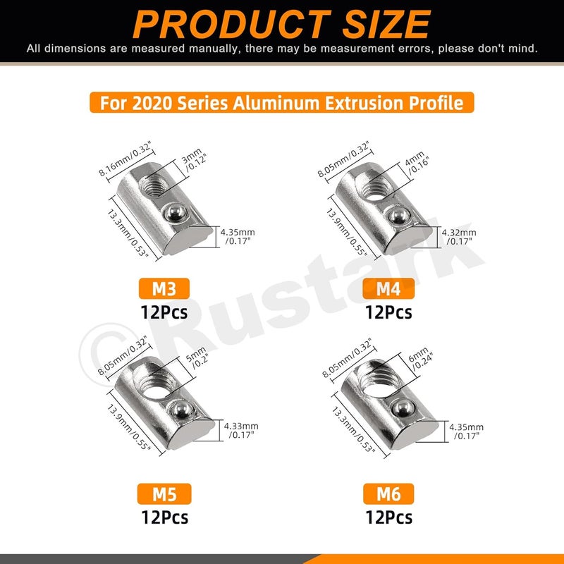Rustark 48pcs 4 Sizes Carbon Steel Roll in T-Nuts Metric T-Nut with Ball Spring Roll Ball Elastic Nuts T Slot Nuts T Spring Nuts for 2020 Series Aluminum Extrusion Profile Rail 3D Printer CNC Router - Image 2
